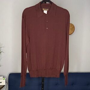 Loro Piana Chocolate Brown Cashmere Silk Long Sleeve Lightweight Polo Sweater